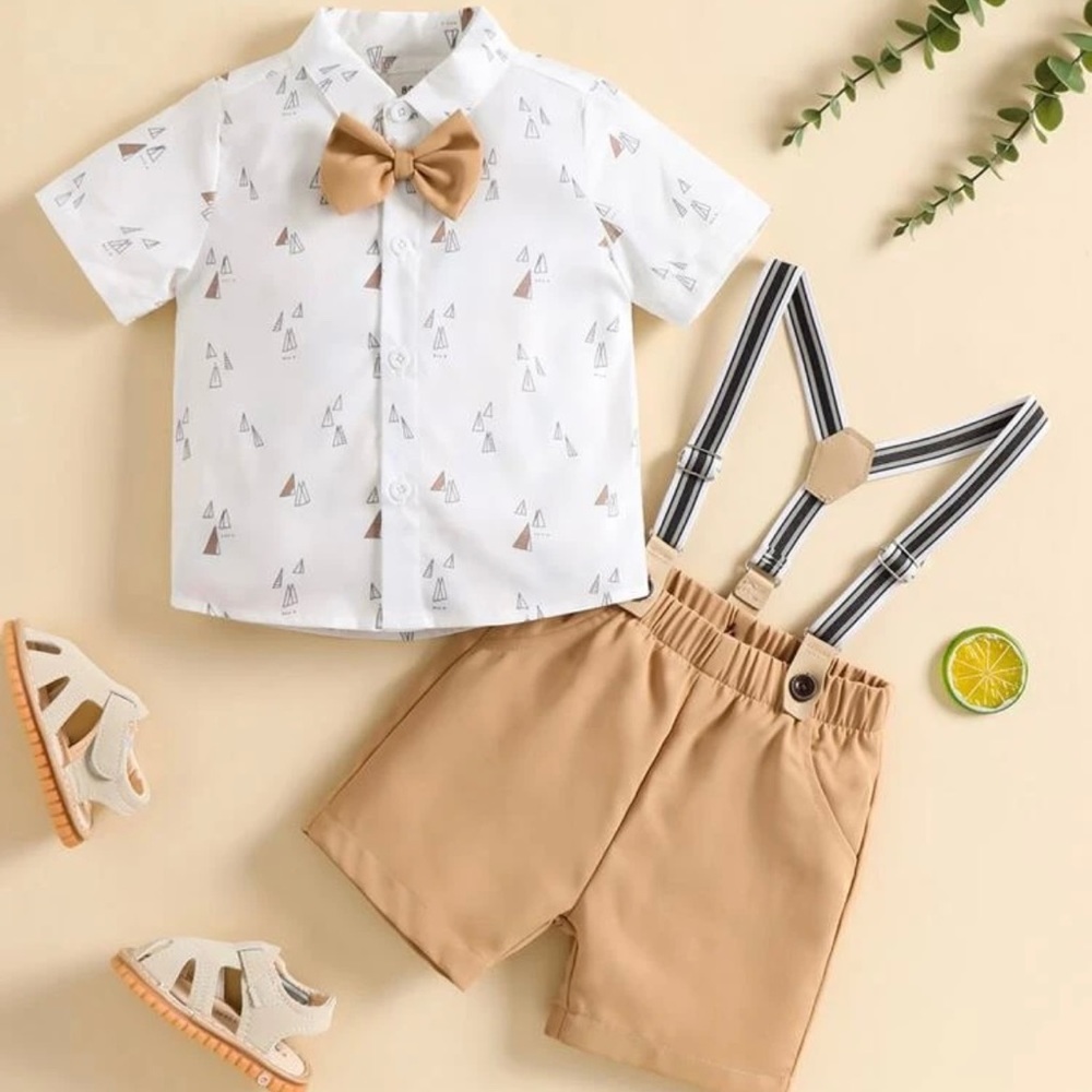 Baby Geo Print Bow Front Shirt & Suspender Shorts